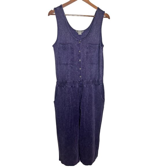 Natural Reflections Women's L Wide Leg Cropped Jersey Knit Blue Jumpsuit Romper - Picture 1 of 9